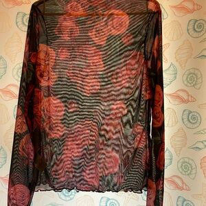Sheer top black with pink roses NWOT